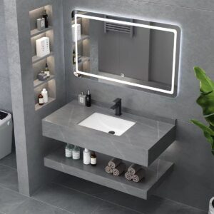 Modern Rock Slab Cabinet Bathroom Marble Vanity Basin Material: Ceramic One-piece Basin Accessories : Mirror+basin+cabinet