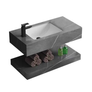 Bathroom Vanity with Rock-Slab Stone Sintered Grey Stone Wash Basin Smart LED Ceramic Sink Two Layer Marble Top
