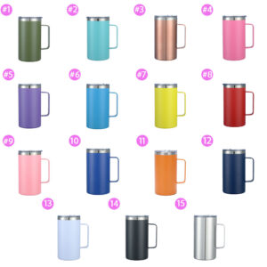 16-ounce travel coffee cup made of stainless steel, with insulating vacuum glass, featuring a handle and a custom logo
